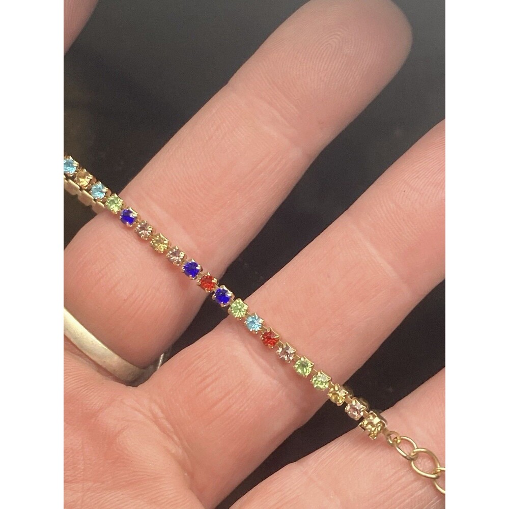 Rainbow Rhinestone Tennis Anklet Gold Tone Crystal Ankle Y2K